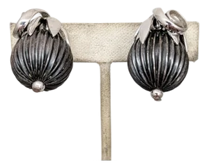 Vintage 1950s Signed Napier Book Piece Silvertone Ribbed "Cumquat" Clip Earrings-2 Pieces