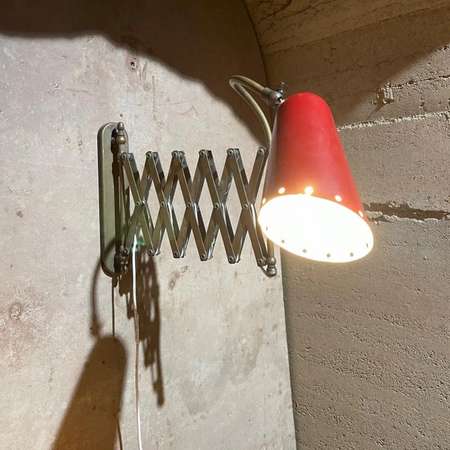 1950s Italian Wall Sconce Red Scissor Lamp Patinated Brass Italy For Sale - Image 10 of 12