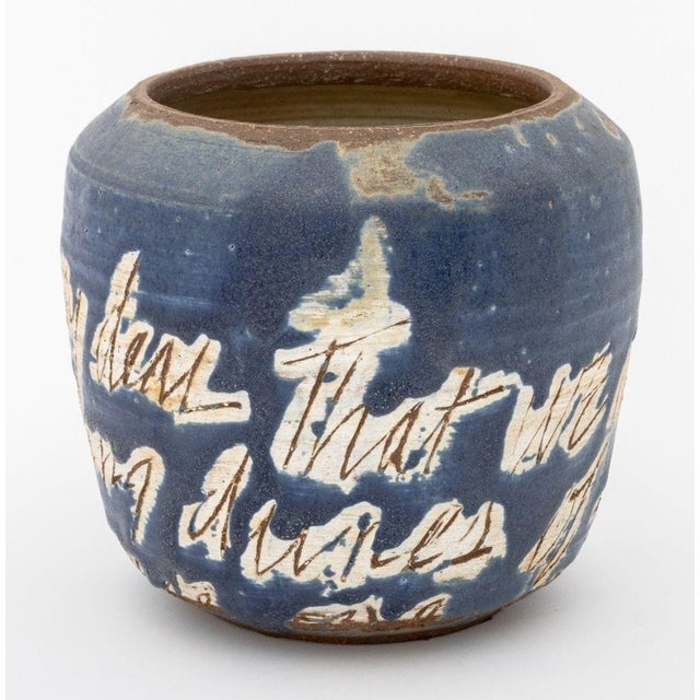 Illegibly Signed "Desire these days my dear..." Pottery Vase, blue matte glaze with inscribed poem "desire these days my...