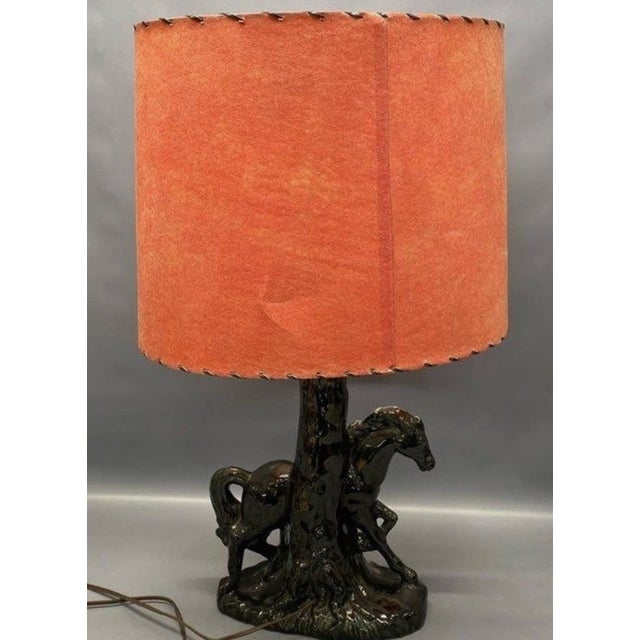 Vintage Phil-Mar MCM Ceramic Mare & Colt Horse Table Lamp Pair | Black Glaze | Original Fiberglass Parchment Shades | c....