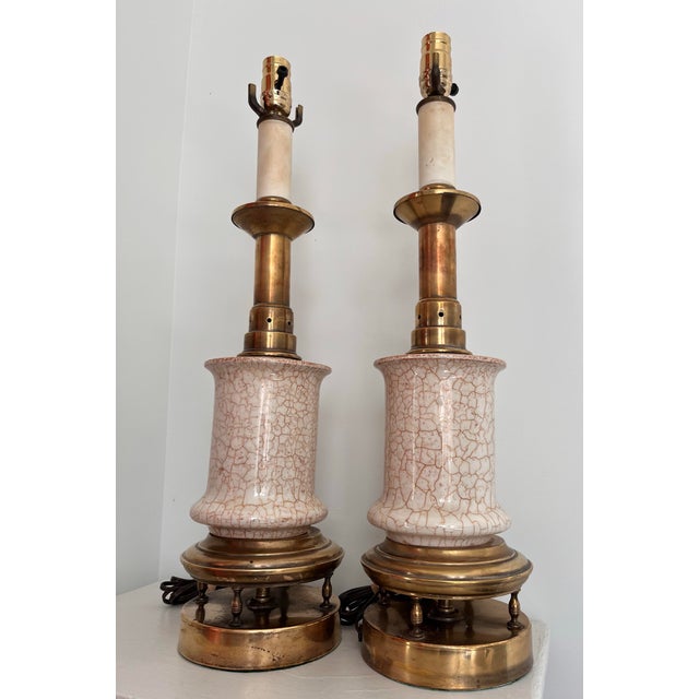 Mid-Century Modern Stiffel Mid-Century Modern Crackle Glazed Brass Table Lamps - A Pair For Sale - Image 3 of 11
