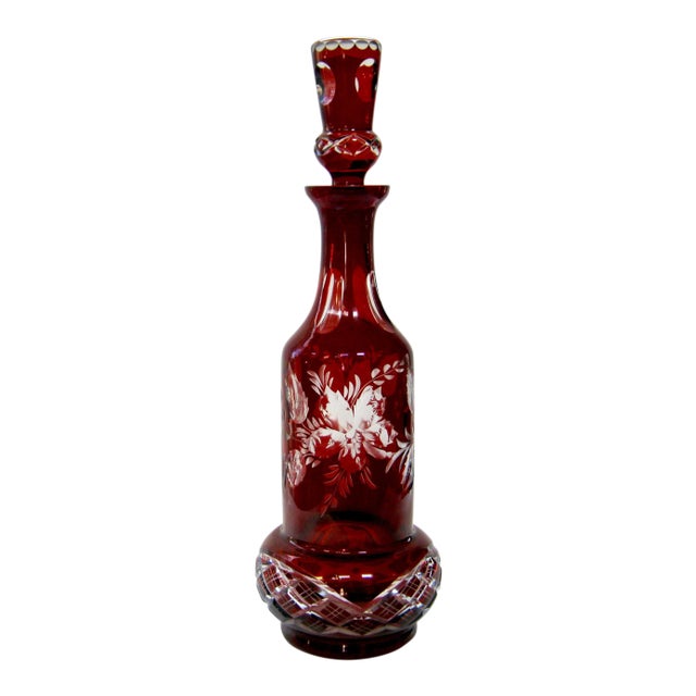 Antique Bohemian Etched & Cut Glass Decanter For Sale