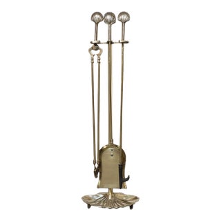 Hollywood-Regency Style Brass Fireplace Tool Set With Seashell Handles and Pan For Sale