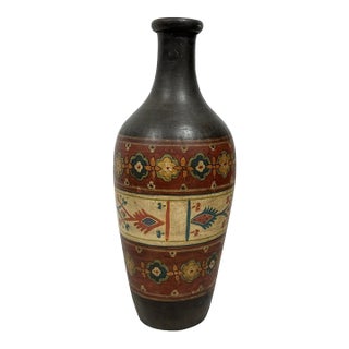 Large Spanish Hand-Painted Vintage Terracotta Vase For Sale