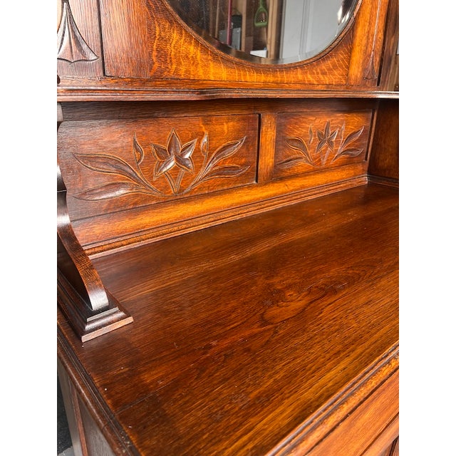 1800's Hand Carved Oak Hutch With Beveled Oval Mirror For Sale - Image 4 of 8