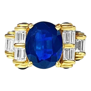 Mid 20th Century Retro Style Chanthaburi Blue Sapphire Ring With Baguette Diamond Sidestones Size 6