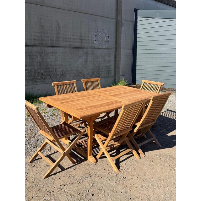 Rectangular Extendable Teak Garden Table and Folding Chairs, Set of 7 For Sale - Image 6 of 10