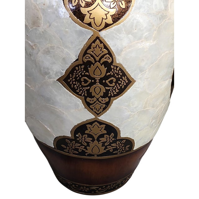 Vintage Pair Urn Shaped Mandala Pattern Mother of Pearl Shell Vases For Sale In Atlanta - Image 6 of 6