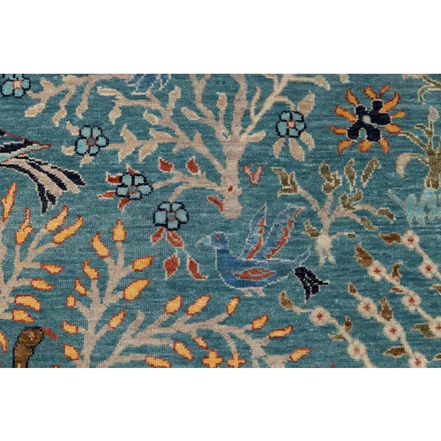 Tribal Blue Peacock Birds Garden Scene Soft Hand Knotted Hand Spun Wool Rug 4x8Ft. For Sale - Image 3 of 18
