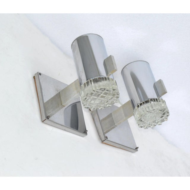 1970s Pair, Gaetano Sciolari Italian Chrome & Cut Glass Sconces, Wall Lamps For Sale - Image 5 of 13