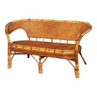1960s Wicker and Cane Loveseat Vintage Boho Bamboo Bench For Sale
