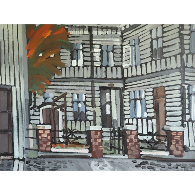 Orange 1974 Modernist 'Facade in Focus' Vintage Swedish Expressive Street Scene Oil Painting, Framed For Sale - Image 8 of 11