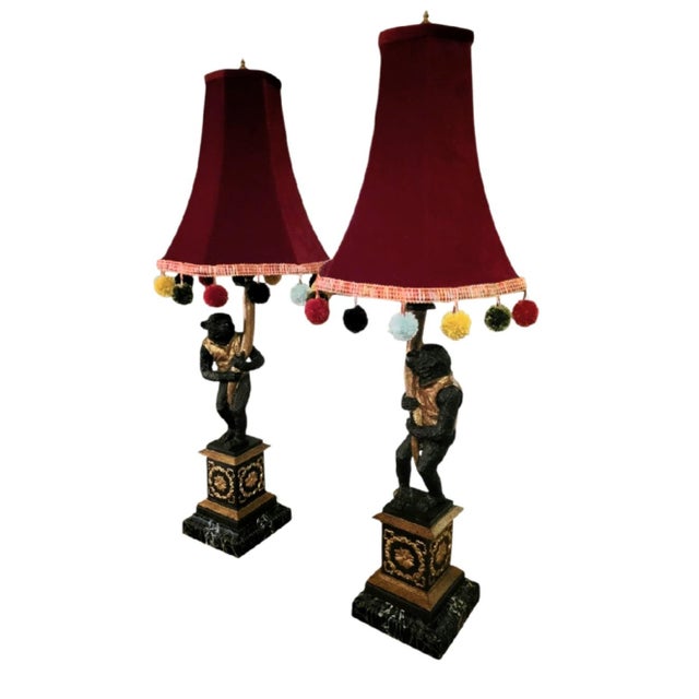 Gampel-Stoll Vintage Customized Palm Beach Regency Monkey Parasol Marble Base Ball Fringe Table Lamps- A Pair For Sale - Image 4 of 12