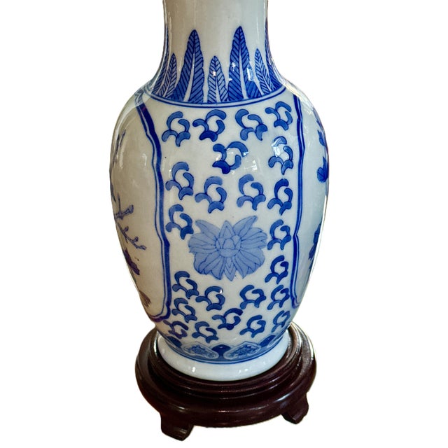 Late 20th Century Blue and White Chinoiserie Vase on Carved Wooden Stand For Sale - Image 5 of 7