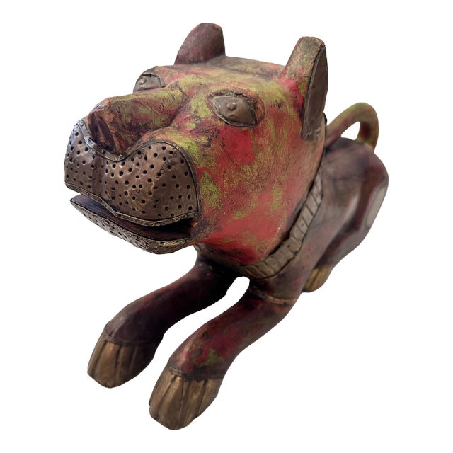 Hand-Carved Wooden Feline Sculpture With Metal Detailing For Sale