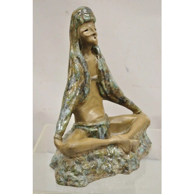 Mid Century Modern 1960s Glazed Ceramic Pottery Meditating Elder Woman Sculpture For Sale - Image 10 of 12