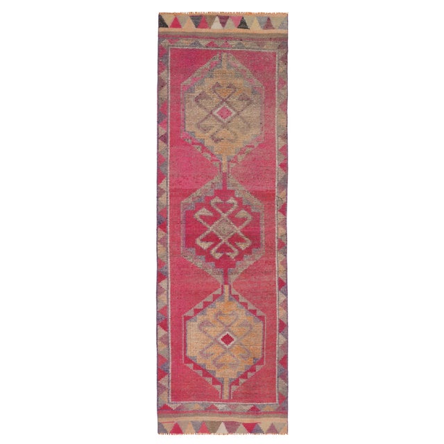 Vintage Turkish Hand-Knotted Wool Cotton Pink Runner Rug For Sale - Image 12 of 12