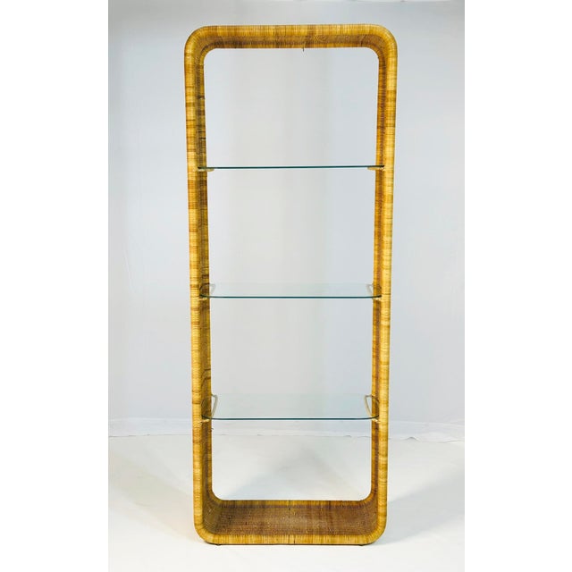 Mid-Century Modern Wicker and Glass Etagere Bookcase Display Shelf Attributed to Founders, Mid Century Modern For Sale - Image 3 of 15