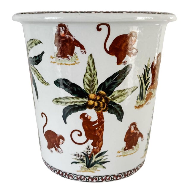Chinoiserie Slender Vintage Chinoiserie Porcelain Monkey Motif Cachepot For Sale - Image 3 of 7