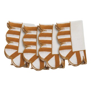 Jardin Embroidered Linen Scalloped Stripe Napkins in Natural/Amber, Set of 4 For Sale