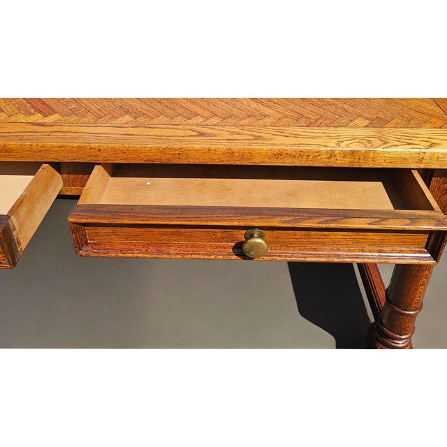 Mid-Century Modern Vintage Oak Herringbone Design Parquetry Writing Desk by Century For Sale - Image 3 of 10