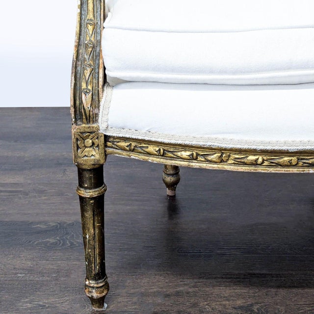 White Vintage White Upholstered Lounge Chair With Ornate Gold Wooden Frame For Sale - Image 8 of 16