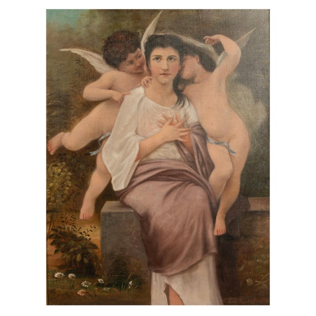French Large Antique French 19th Century Oil Canvas Painting "Hearts Awakening" Cherubs by William-Adolphe Bouguereau, 1892 For Sale - Image 3 of 14