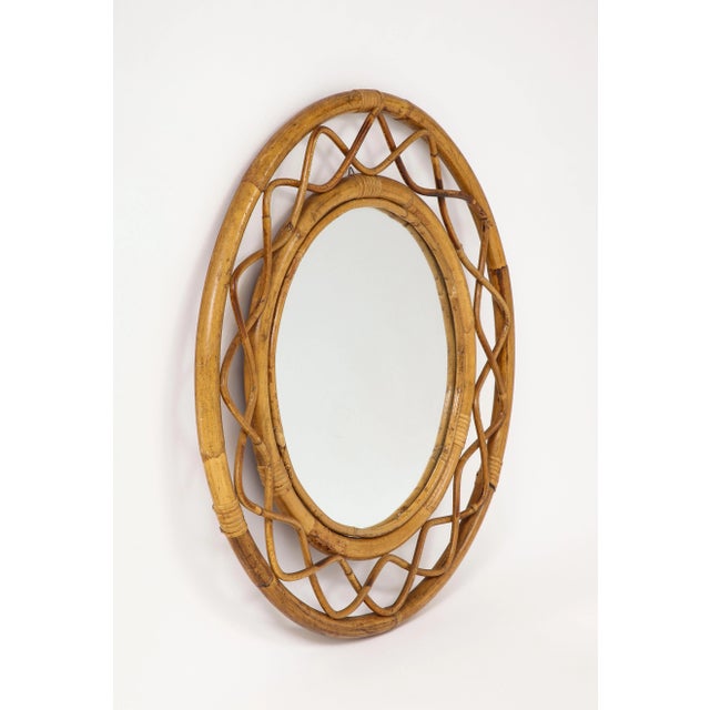Mid-Century Modern Midcentury French Braided Rattan and Bamboo Round Wall Mirror For Sale - Image 3 of 9