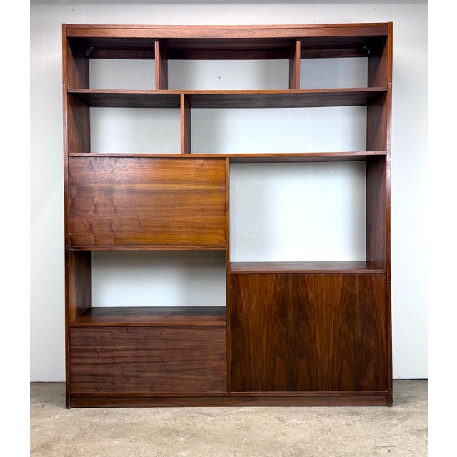 Mid Century Danish Modern Style Walnut Wall Unit / Bookcase / Writing Desk / Cabinet For Sale - Image 11 of 12
