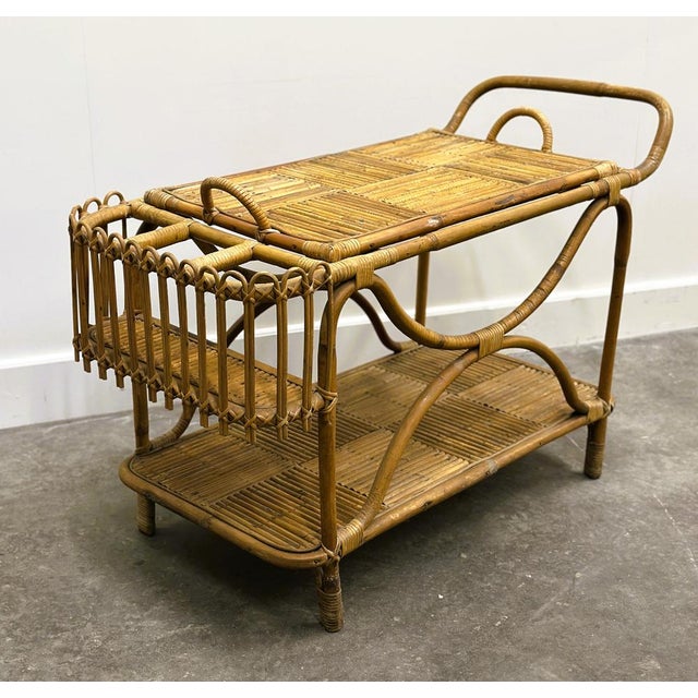 Large French Riviera Rattan Bar Cart with Bottle Holder, 1960s For Sale - Image 12 of 14