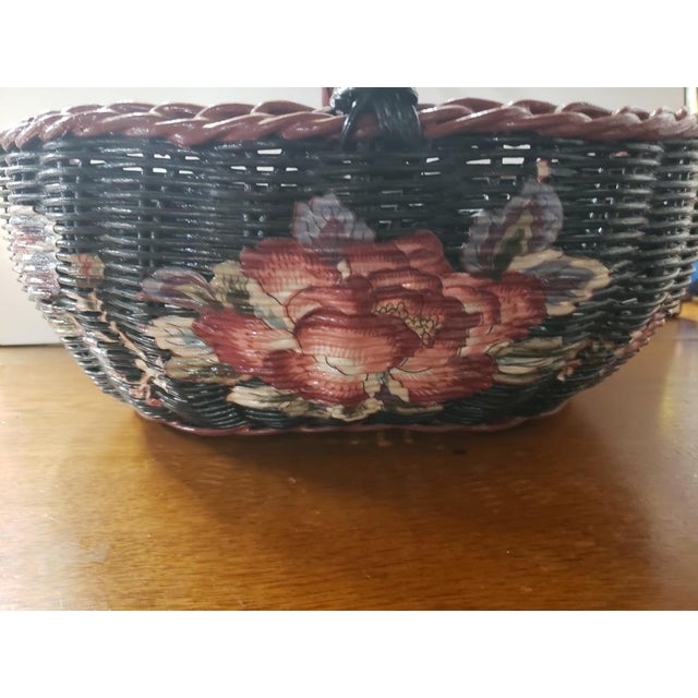 1980s Black Wicker Basket With Brown Trim and Painted Floral Motif For Sale - Image 4 of 9