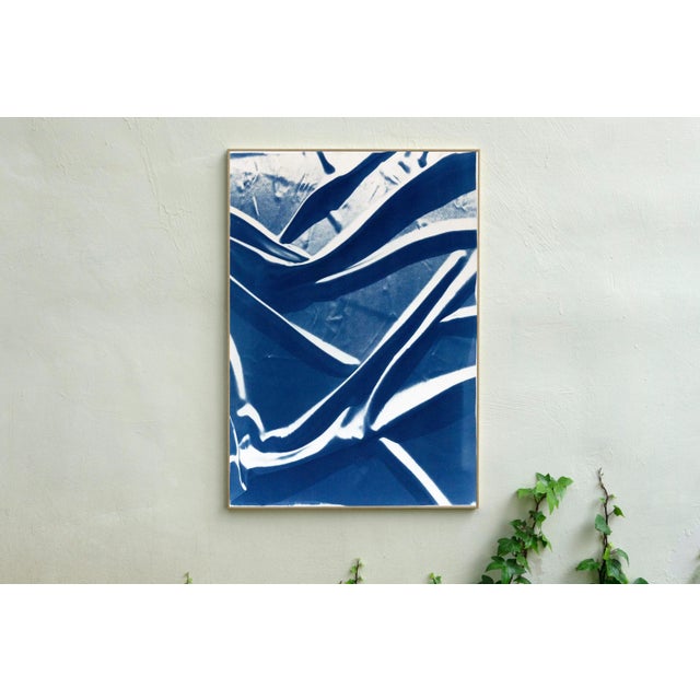 Contemporary Smooth Fabric Composition, Classic Blue Silk Blueprint on Watercolor Paper, Minimal Trace 100x70cm , Zen Decor For Sale - Image 3 of 11