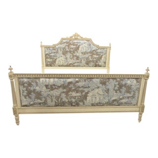 French Carved Kingsize Cream & Upholstered Bed For Sale