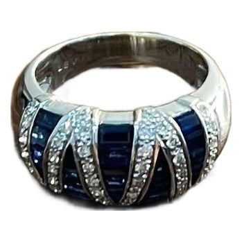Blue Sapphire Precision Square Cut Diamonds 14k White Gold Statement Band Ring, Size 7 For Sale