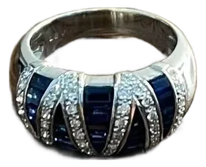 Blue Sapphire Precision Square Cut Diamonds 14k White Gold Statement Band Ring, Size 7