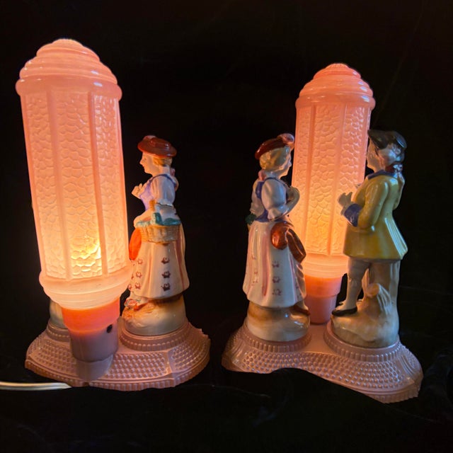 Vintage Art Deco Courting Couples Pink Glass Lamps1930s Era - a Pair For Sale - Image 9 of 12