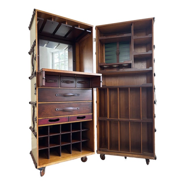 Authentic Stateroom Steamer Trunk Bar Cabinet - Off White For Sale