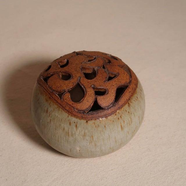 Late 20th Century Late 20th Century Handcrafted Ceramic Flower Frog Sculptural Vessel With Carved Swirl Openings and Drip Glaze Finish For Sale - Image 5 of 10