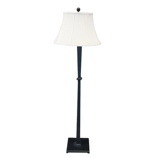 Modern Vintage Distressed Hammered Iron Black Modern Floor Lamp & Shade For Sale - Image 3 of 11
