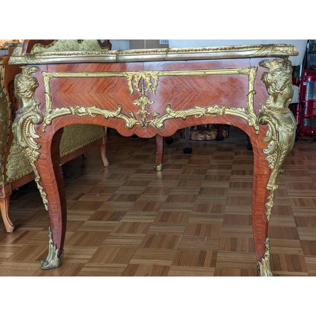 Luxuriance! An Antique French Bureau Plat, From Late 19th Century, Featuring Ornate Gilt-Bronze Mounts Louis XV Style For Sale - Image 9 of 17