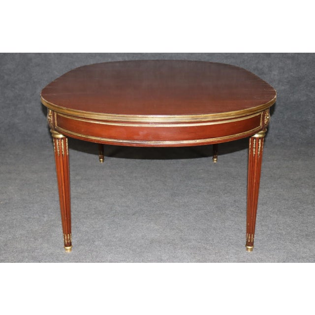 French Signed Maison Jansen Brass and Bronze Adorned Mahogany Dining Table With 3 Leaves For Sale - Image 3 of 12