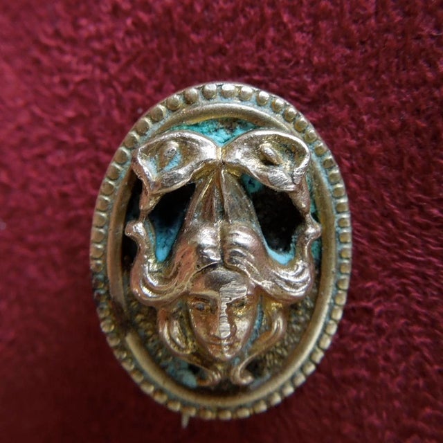 Metal Antique Gold Art Nouveau Oval Lady Lapel Pin With Bow For Sale - Image 7 of 11