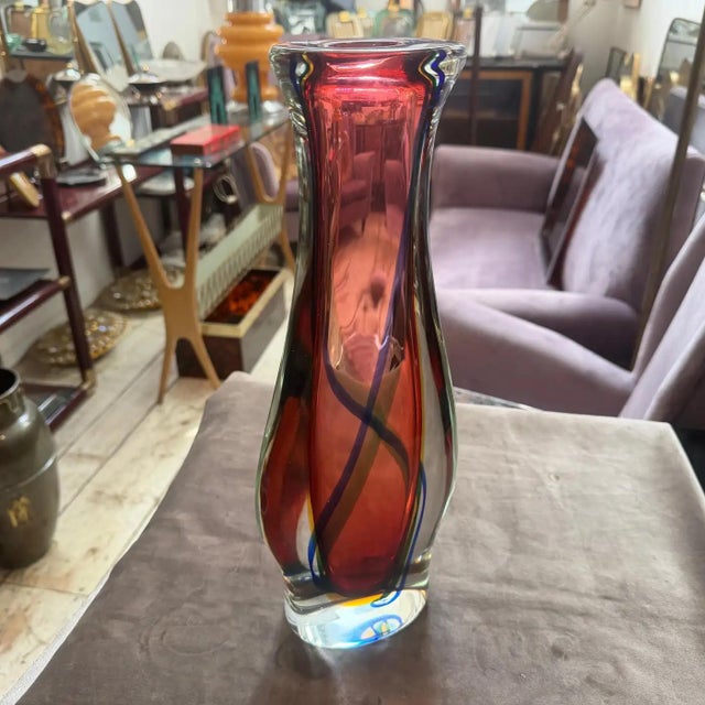 1980s Flavio Poli Modern Pink Blue and Yellow Sommerso Murano Glass Tall Vase For Sale - Image 10 of 12