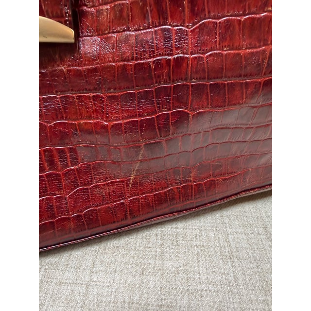 Embossed Crocodile Travel Satchel Bag, Maroon For Sale - Image 12 of 13