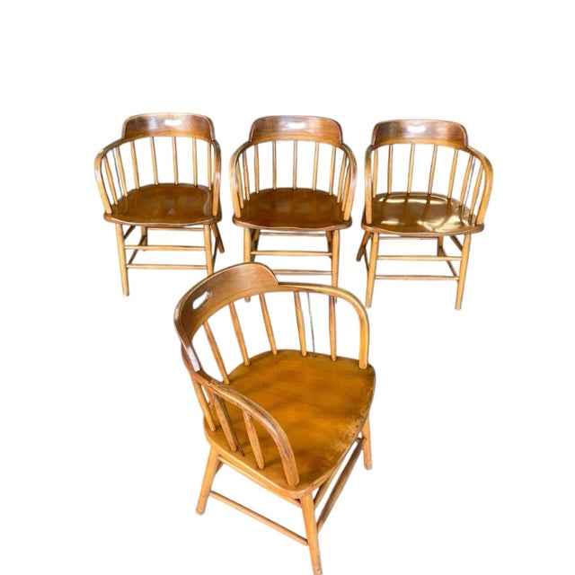 MCM Firehouse Style Bankers Chairs, a Set of Four, Dining Chairs, Vintage, Modern, Oak For Sale - Image 4 of 12