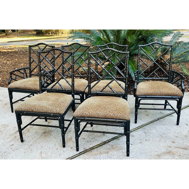 Faux Bamboo Chinese Chippendale Style Dining Chairs – Set of 6 Including 2 Armchairs, 4 Side Chairs, Leopard Upholstery For Sale - Image 12 of 12