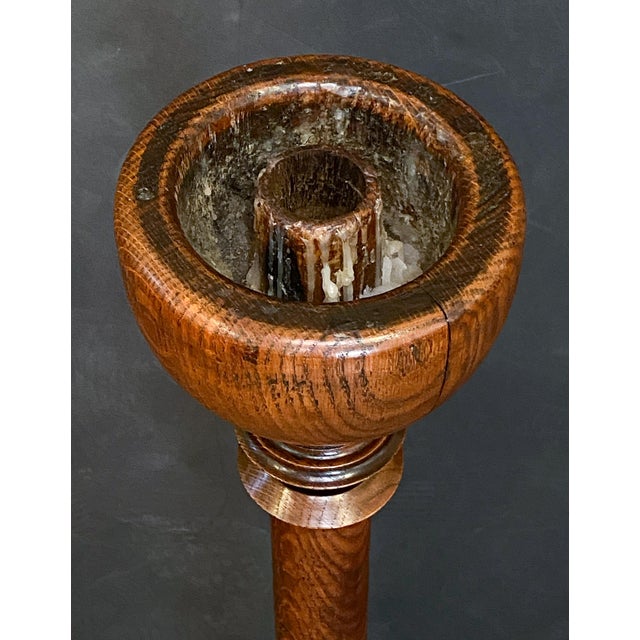 Wood Pair of Tall Altar Candlestick Holders of Turned Oak - Arts and Crafts Era For Sale - Image 7 of 8