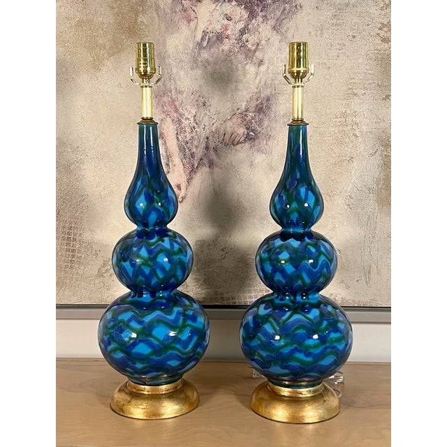 Mid 20th Century Vintage Blue Glazed Ceramic Table Lamps - A Pair For Sale - Image 5 of 12