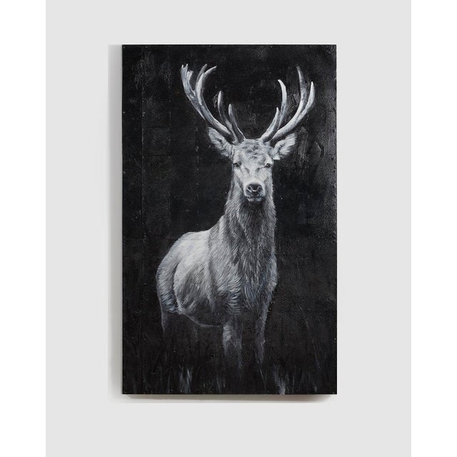 This contemporary artwork presents a commanding portrait of a stag rendered in a restrained monochrome palette. Standing...