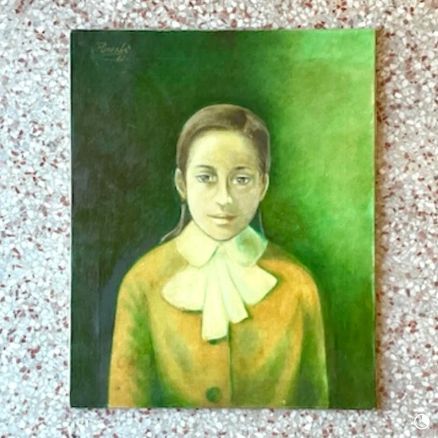 Vintage 1960s Italian Green-Toned Portrait Oil Painting For Sale In West Palm - Image 6 of 14
